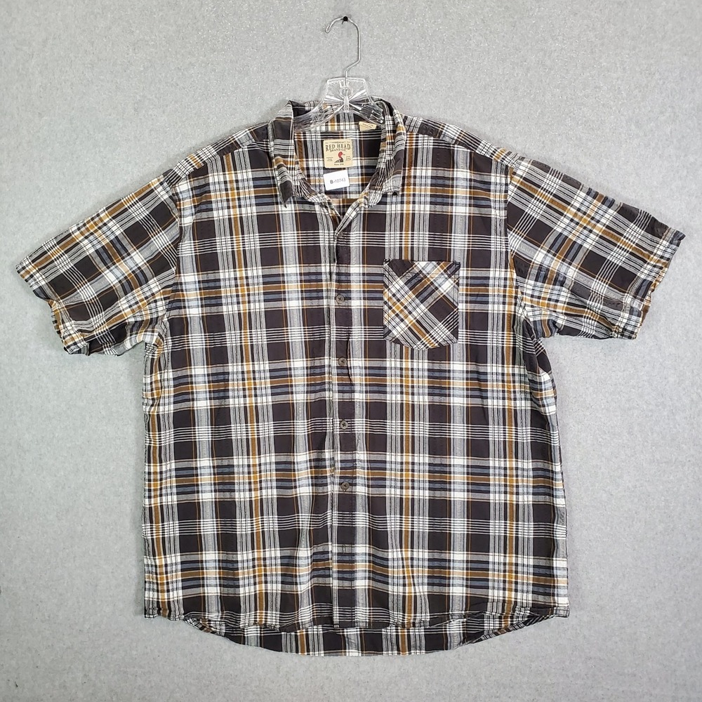 RedHead Men Button Up Shirt 2XL Brown Plaid Pocket Short Sleeve Collar